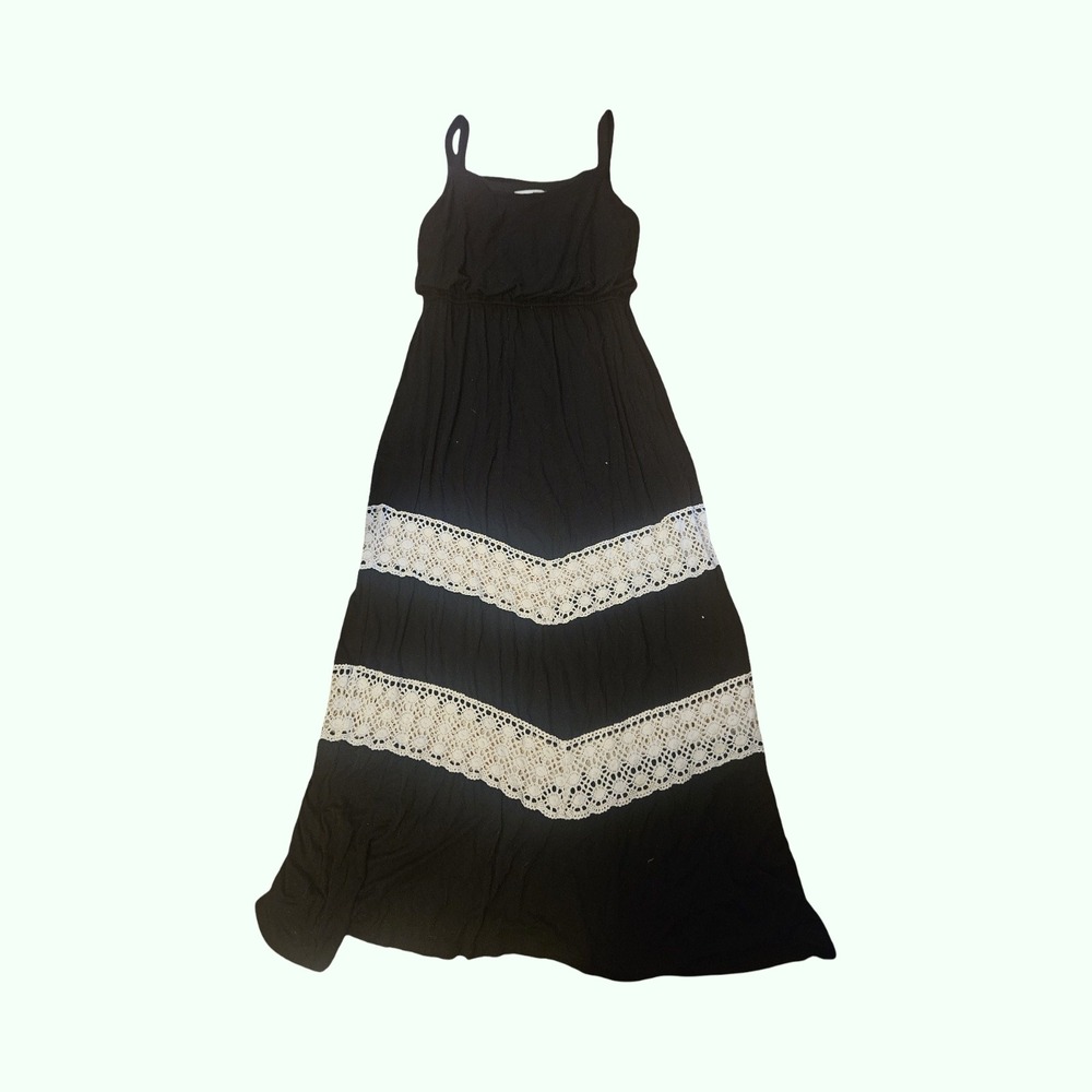 Soho Womens Black Boho Crochet Lace Tiered Maxi Dress Large Sleeveless Summer